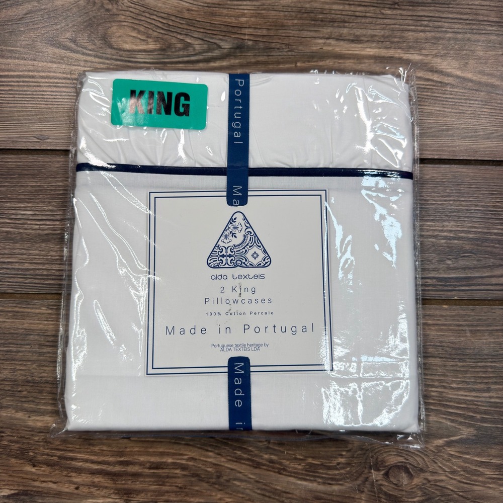 Alda Texteis King Pillowcase Set White Blue Ruffle Edge 100% Cotton Portugal NEW